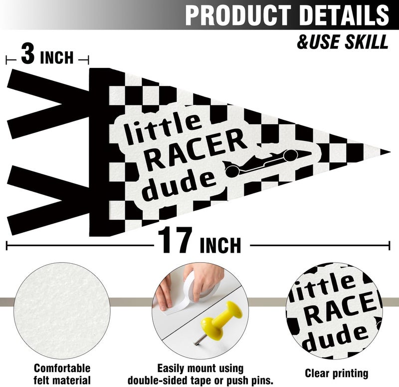 JXREQ Little Racer Dude Pennants Banners Flags for Kids Boys Room Decor, Retro Black and White Checkered Canvas Wall Art Decor for Toddler Room Nursery Playroom, 8x17 Inch - Image 2